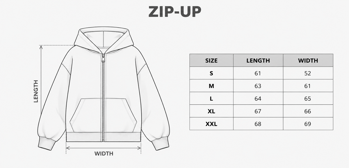 Size guide — Black Depix Puff Zip-Up